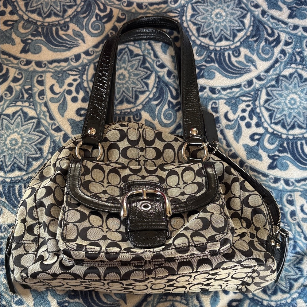 Coach Black and Cream Signature Shoulder Bag
